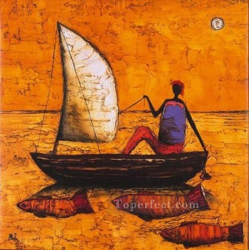 African Painting - fishing woman and fishes in yellow African